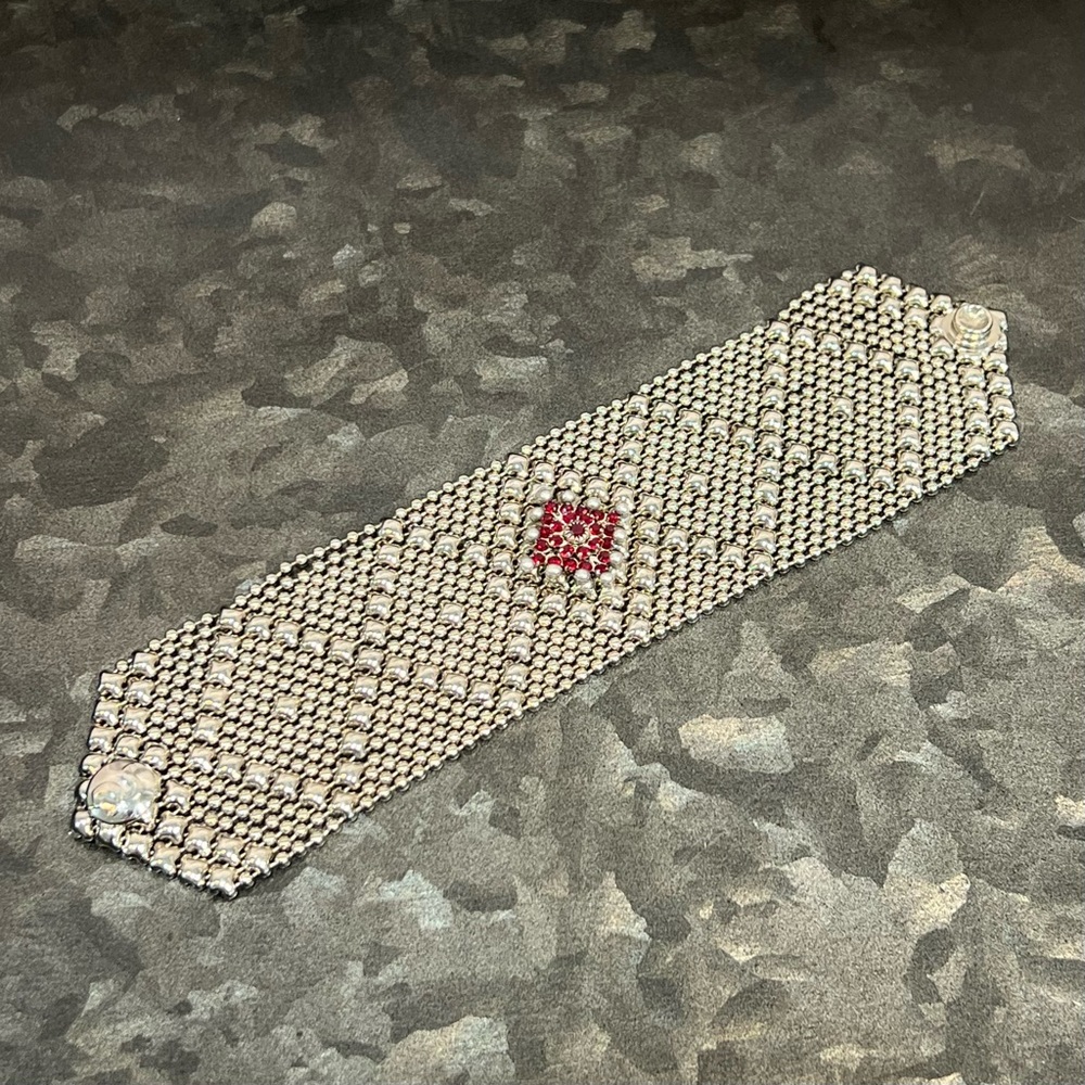 Silver Beaded Bracelet with Red Accent
